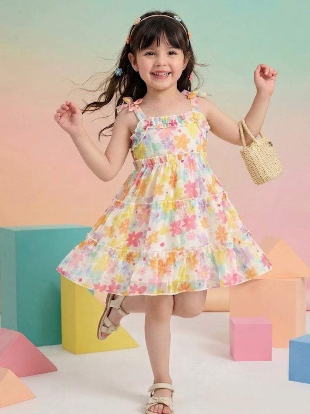 Girls Multicolor Floral Tiered Dress | Sleeveless Cotton Summer Party Dress for Kids (1–8 Years)