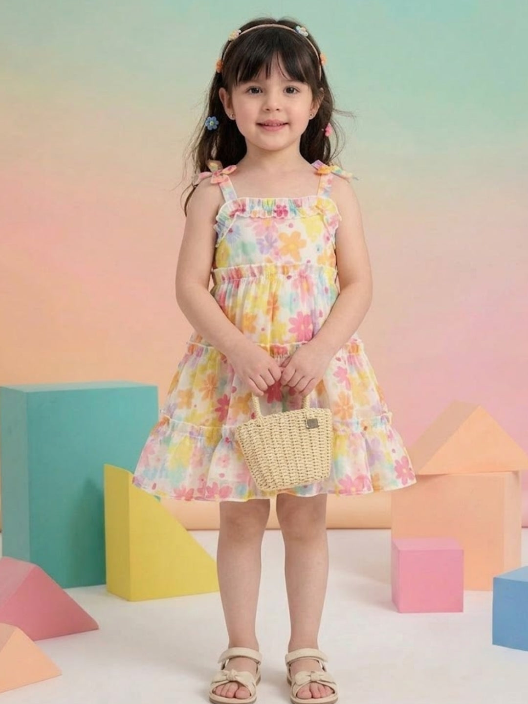 Girls Multicolor Floral Tiered Dress | Sleeveless Cotton Summer Party Dress for Kids (1–8 Years)