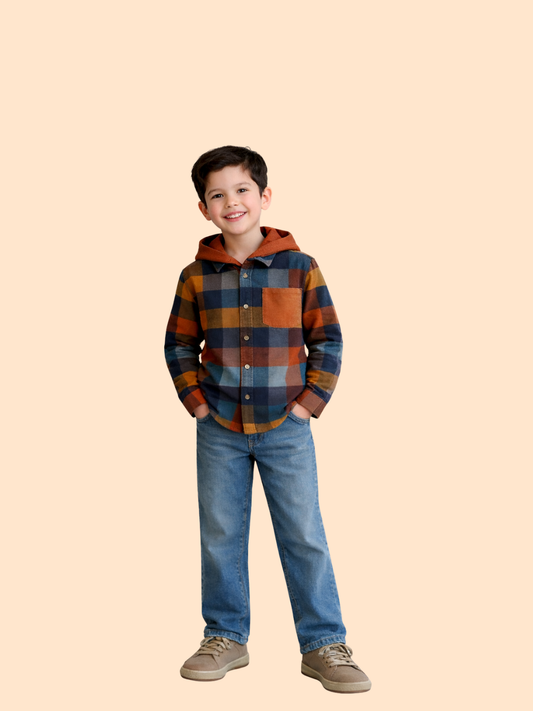 Boys Checked Hooded Shirt with Denim Jeans | Winter Casual Outfit Set (2-10 Years)