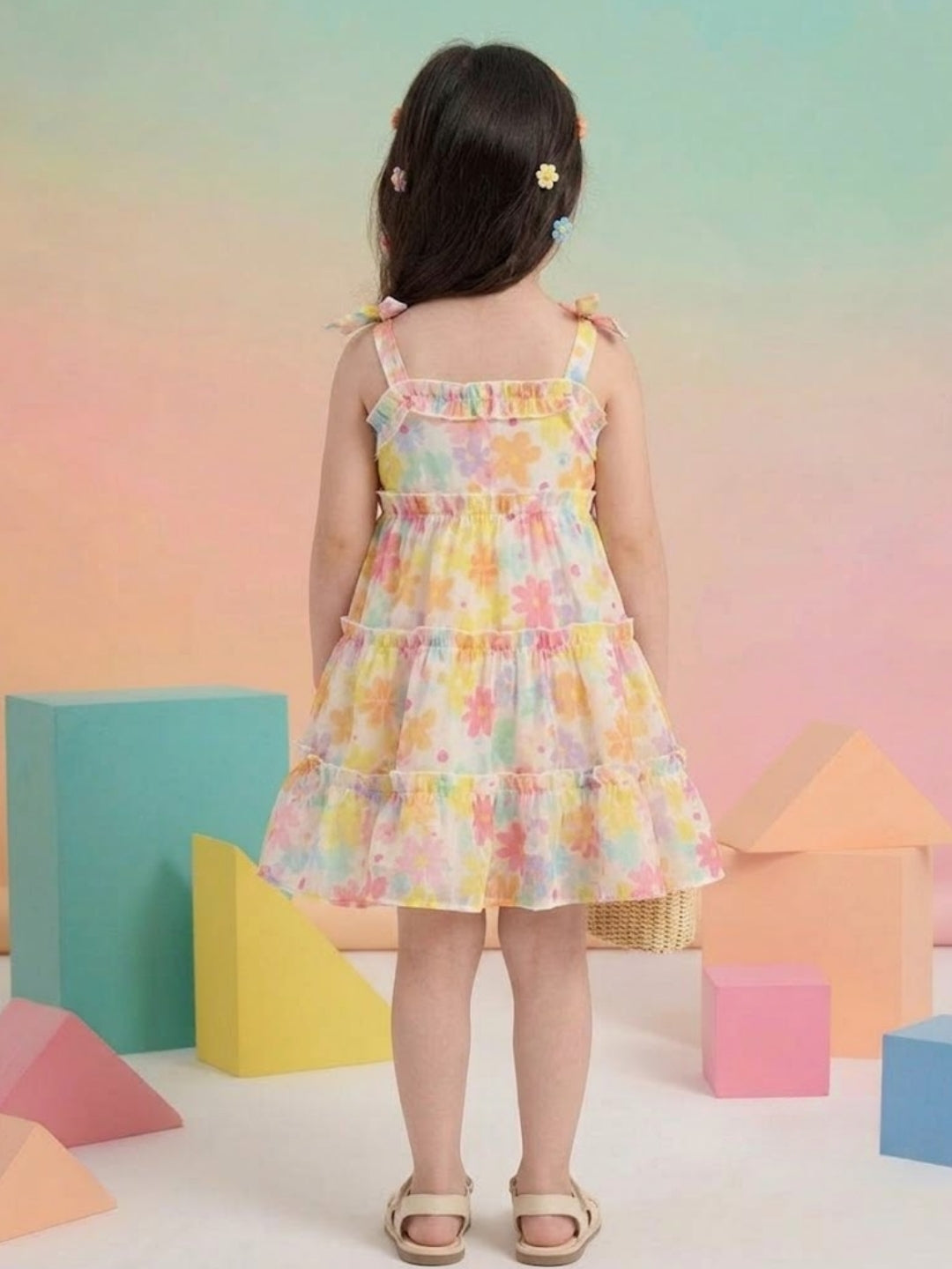 Girls Multicolor Floral Tiered Dress | Sleeveless Cotton Summer Party Dress for Kids (1–8 Years)