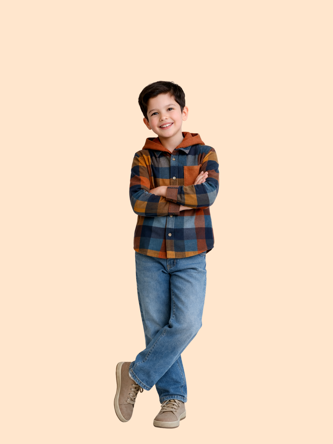 Boys Checked Hooded Shirt with Denim Jeans | Winter Casual Outfit Set (2-10 Years)