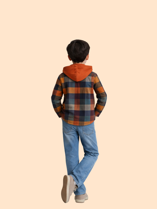 Boys Checked Hooded Shirt with Denim Jeans | Winter Casual Outfit Set (2-10 Years)