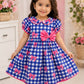 Girls Blue Checked Bow Print Party Dress | Cotton Puff Sleeve Fit & Flare Dress for Kids (2–8 Years)