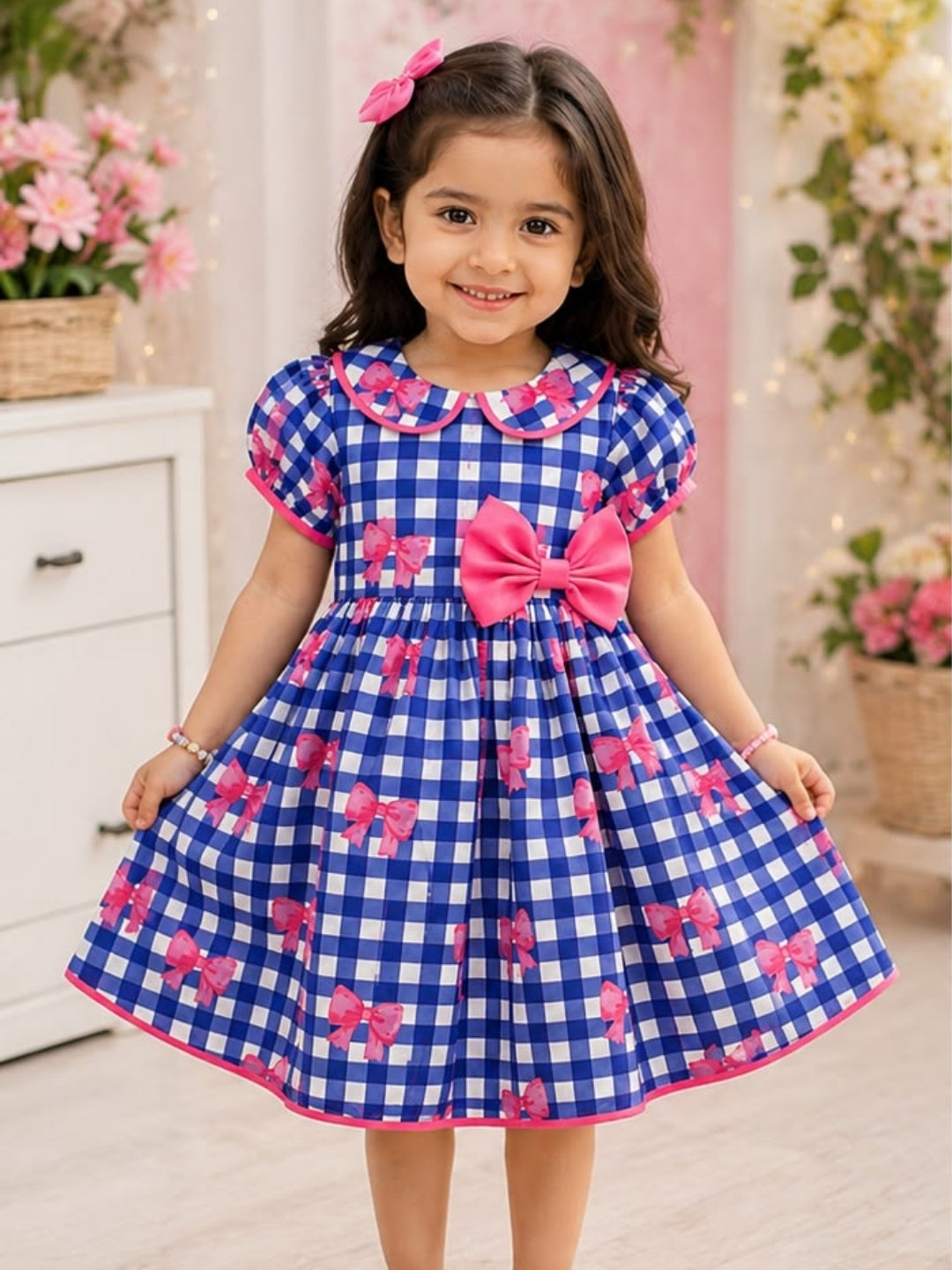 Girls Blue Checked Bow Print Party Dress | Cotton Puff Sleeve Fit & Flare Dress for Kids (2–8 Years)