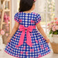 Girls Blue Checked Bow Print Party Dress | Cotton Puff Sleeve Fit & Flare Dress for Kids (2–8 Years)