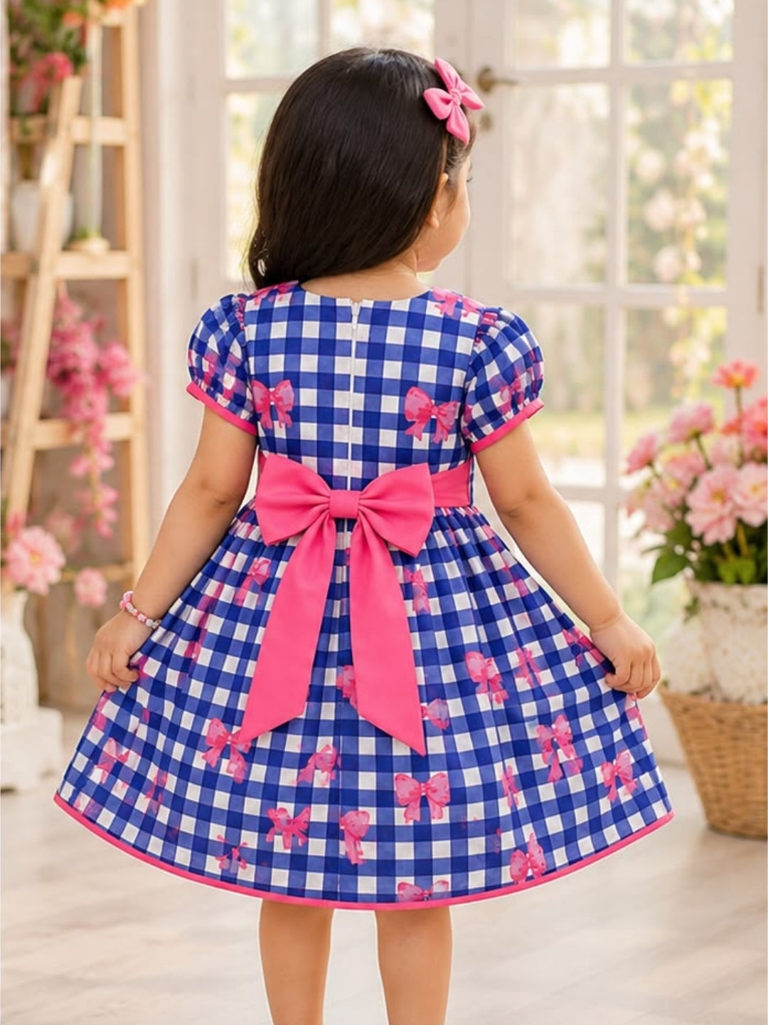 Girls Blue Checked Bow Print Party Dress | Cotton Puff Sleeve Fit & Flare Dress for Kids (2–8 Years)