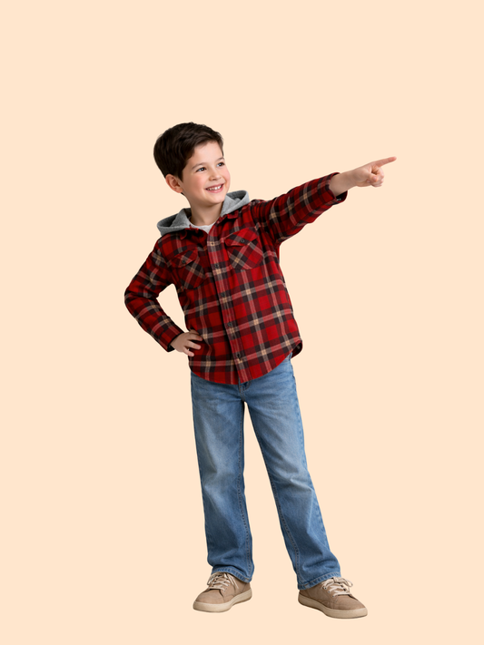 Boys Red Checked Hooded Shirt with Denim Jeans | Stylish Winter Outfit Set (2-10 Years)