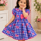 Girls Blue Checked Bow Print Party Dress | Cotton Puff Sleeve Fit & Flare Dress for Kids (2–8 Years)