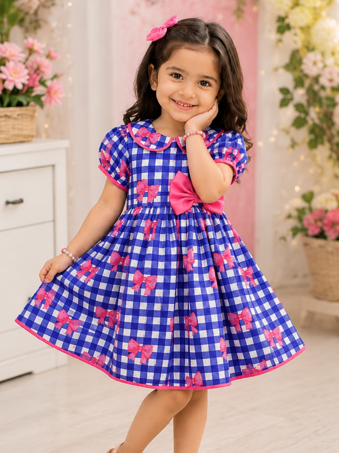 Girls Blue Checked Bow Print Party Dress | Cotton Puff Sleeve Fit & Flare Dress for Kids (2–8 Years)