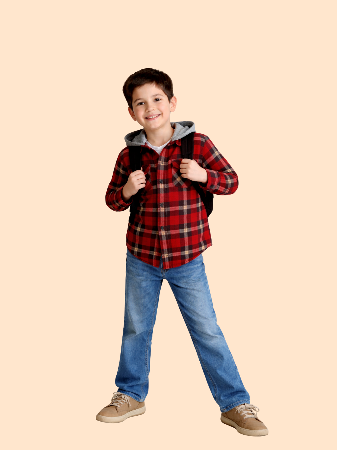 Boys Red Checked Hooded Shirt with Denim Jeans | Stylish Winter Outfit Set (2-10 Years)