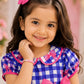 Girls Blue Checked Bow Print Party Dress | Cotton Puff Sleeve Fit & Flare Dress for Kids (2–8 Years)