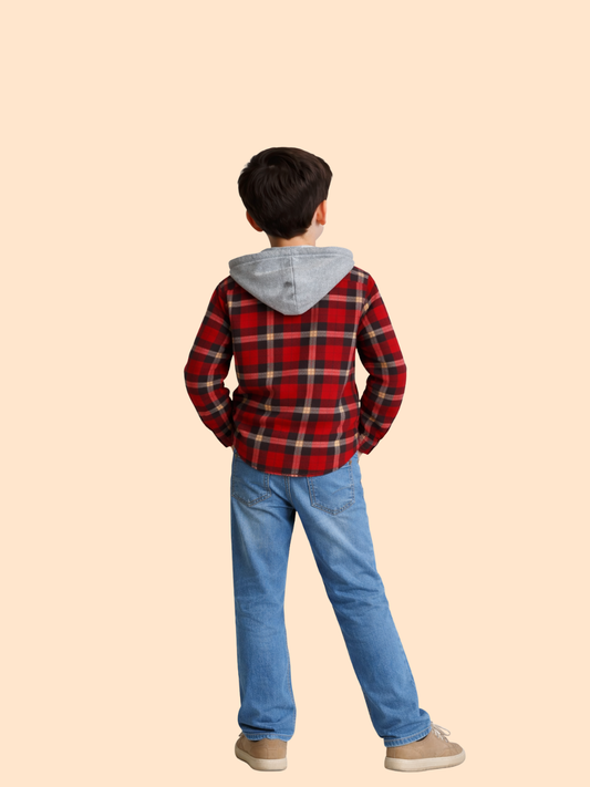 Boys Red Checked Hooded Shirt with Denim Jeans | Stylish Winter Outfit Set (2-10 Years)