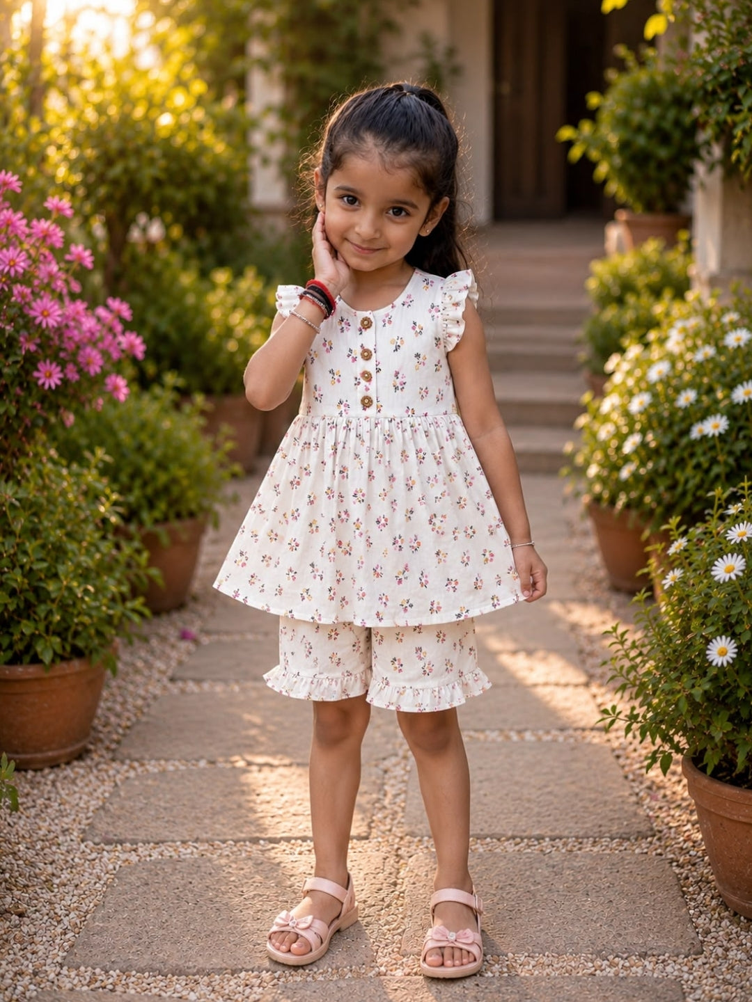 Girls Floral Cotton Co-Ord Set | Sleeveless Ruffle Top & Printed Shorts | Soft Summer Outfit | Casual Wear for Girls (2–8 Years)