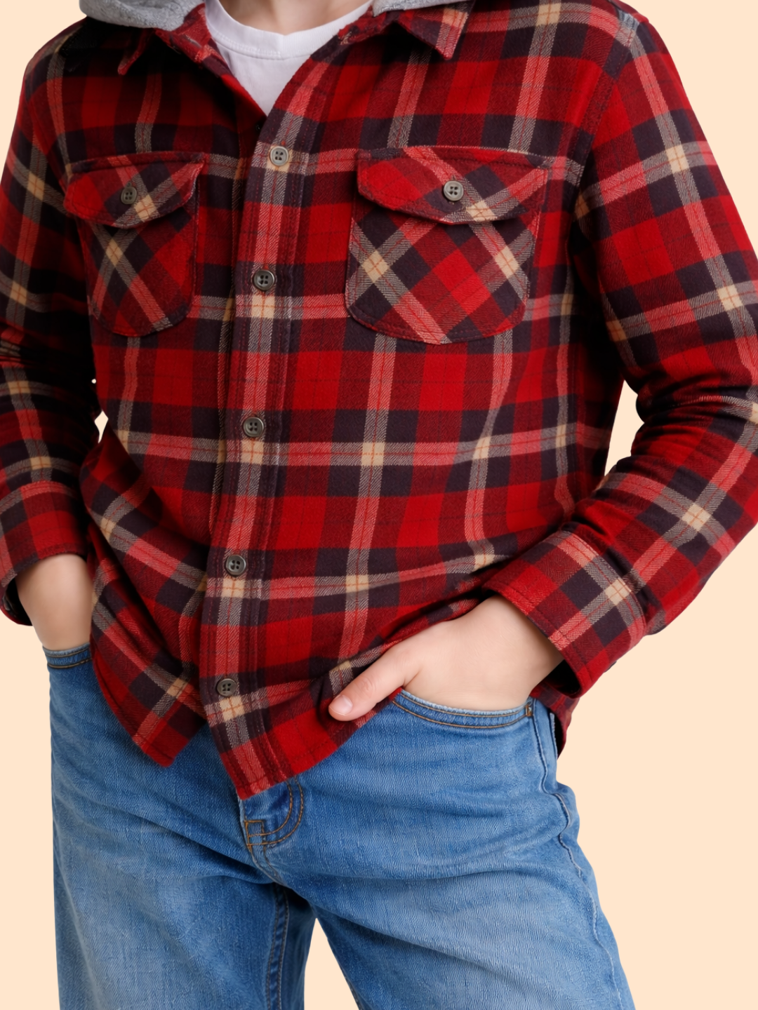 Boys Red Checked Hooded Shirt with Denim Jeans | Stylish Winter Outfit Set (2-10 Years)