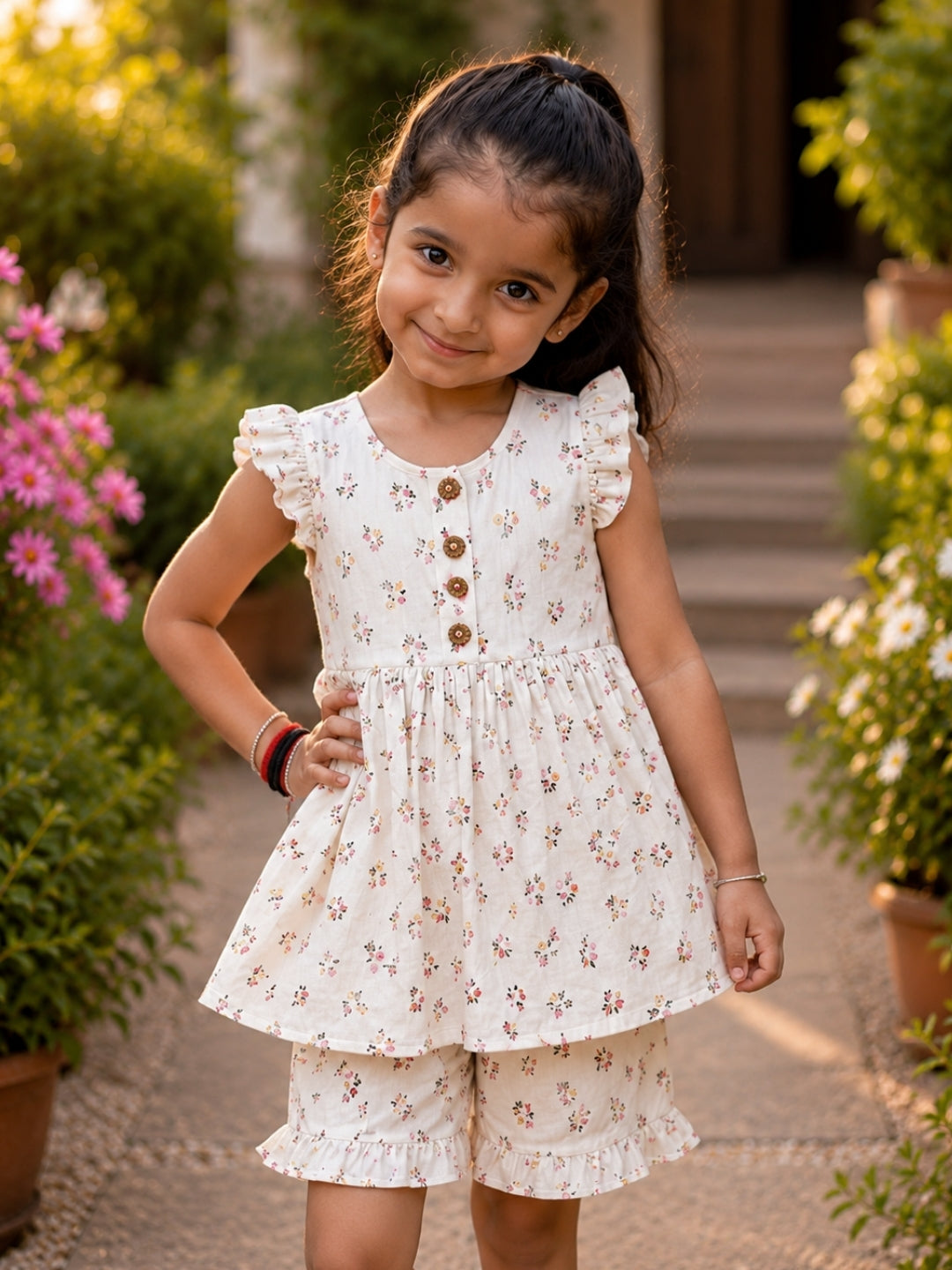 Girls Floral Cotton Co-Ord Set | Sleeveless Ruffle Top & Printed Shorts | Soft Summer Outfit | Casual Wear for Girls (2–8 Years)