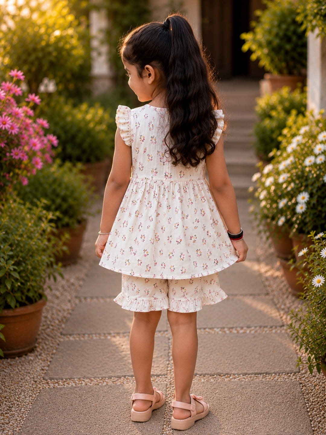 Girls Floral Cotton Co-Ord Set | Sleeveless Ruffle Top & Printed Shorts | Soft Summer Outfit | Casual Wear for Girls (2–8 Years)