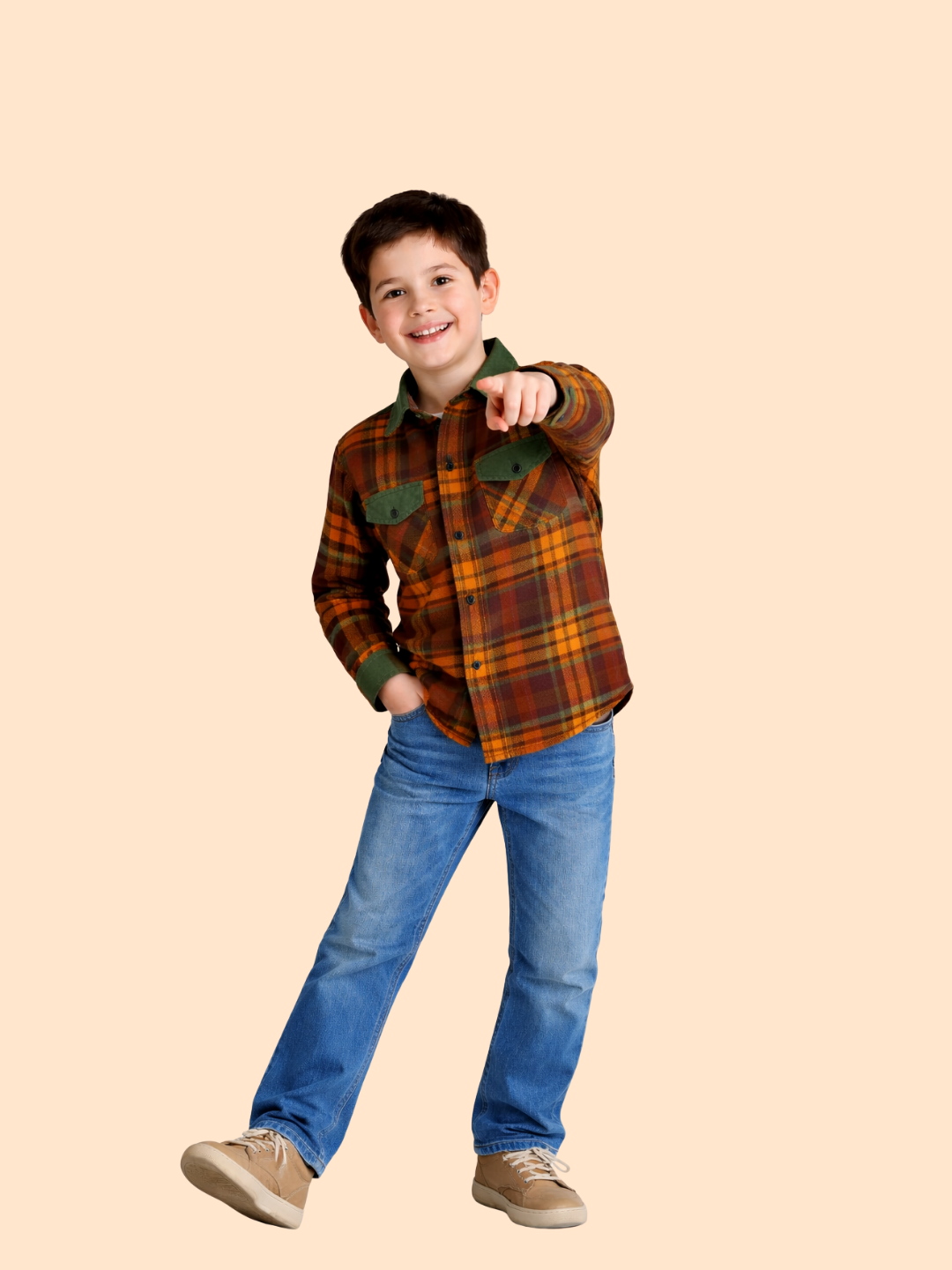 Boys Brown Checked Shirt with Denim Jeans | Stylish Casual Outfit Set (2-10 Years)