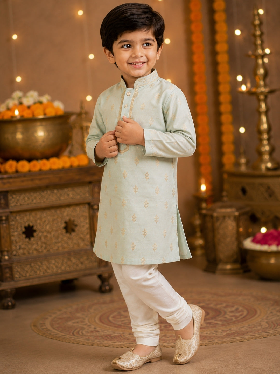 Boys Mint Green Embroidered Kurta Pajama Set | Premium Ethnic Wear for Kids | Festive, Wedding & Party Outfit (1–8 Years)