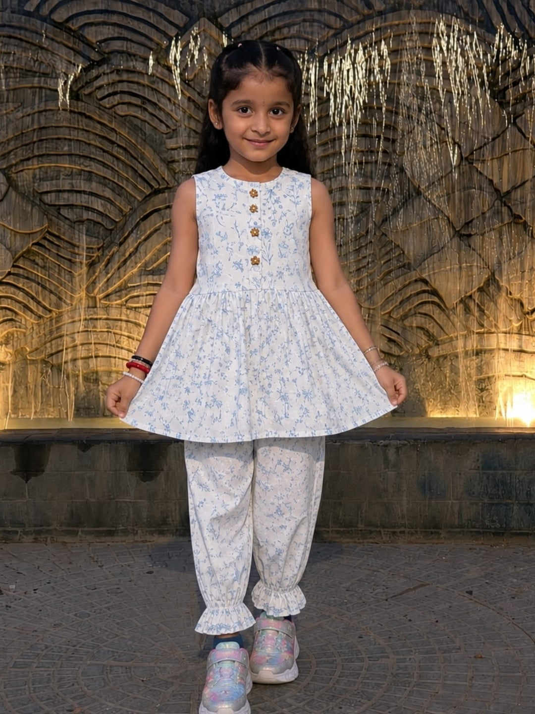 Girls Floral Cotton Co-Ord Set | Sleeveless Peplum Top & Printed Jogger Pants | Soft Casual Summer Outfit for Girls