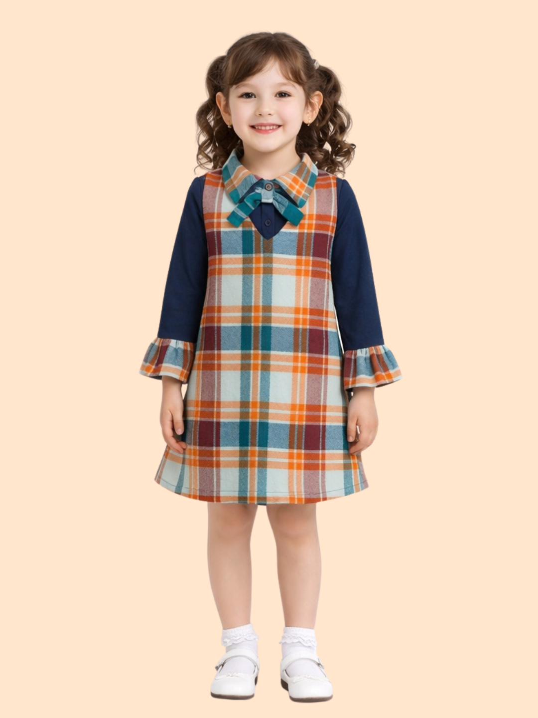 Girls Checkered A-Line Dress with Bow Collar | Stylish Winter Casual Outfit (1-6 Years)