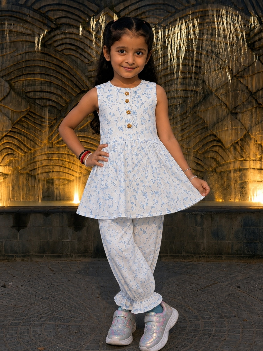 Girls Floral Cotton Co-Ord Set | Sleeveless Peplum Top & Printed Jogger Pants | Soft Casual Summer Outfit for Girls