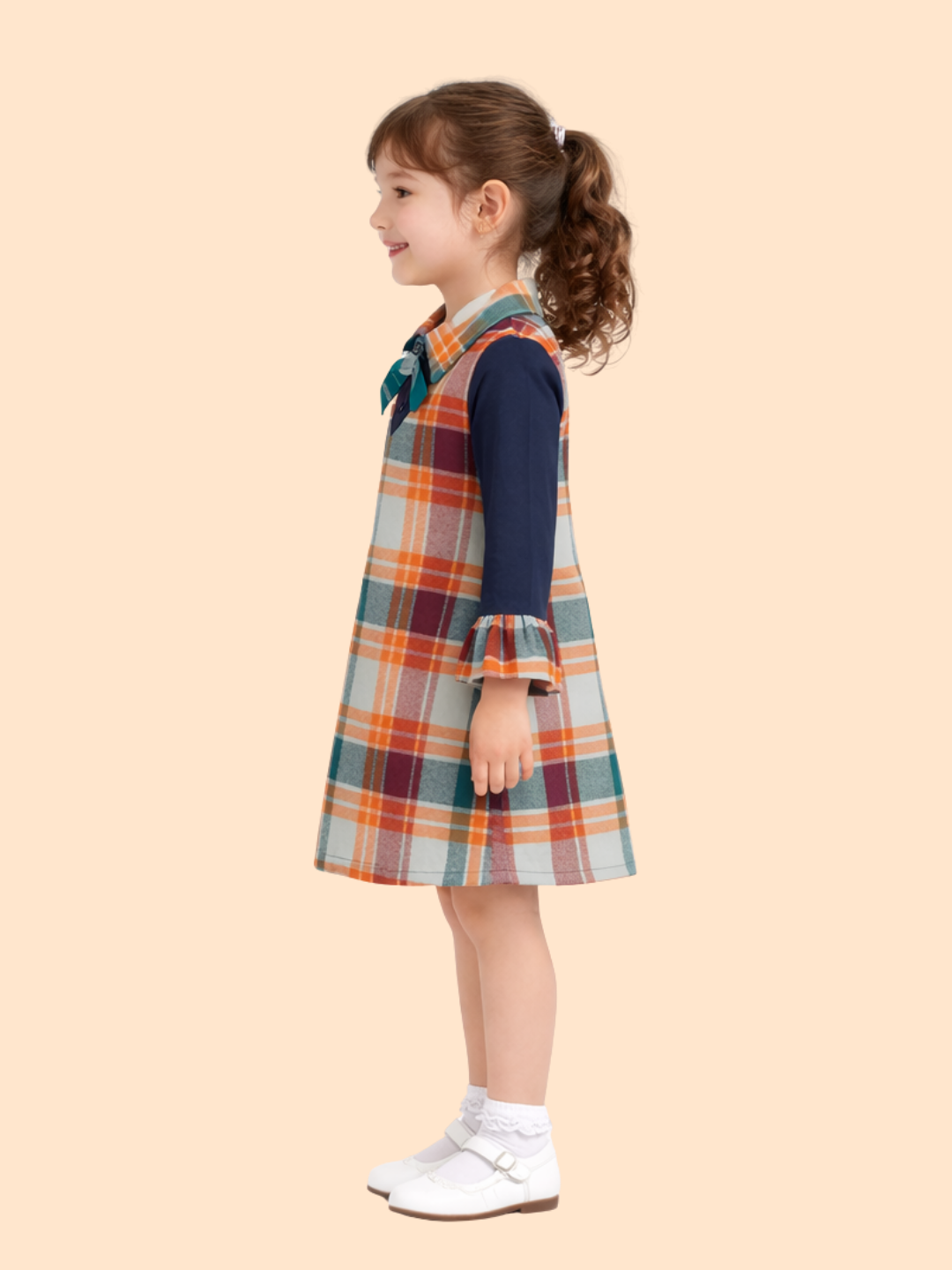 Girls Checkered A-Line Dress with Bow Collar | Stylish Winter Casual Outfit (1-6 Years)