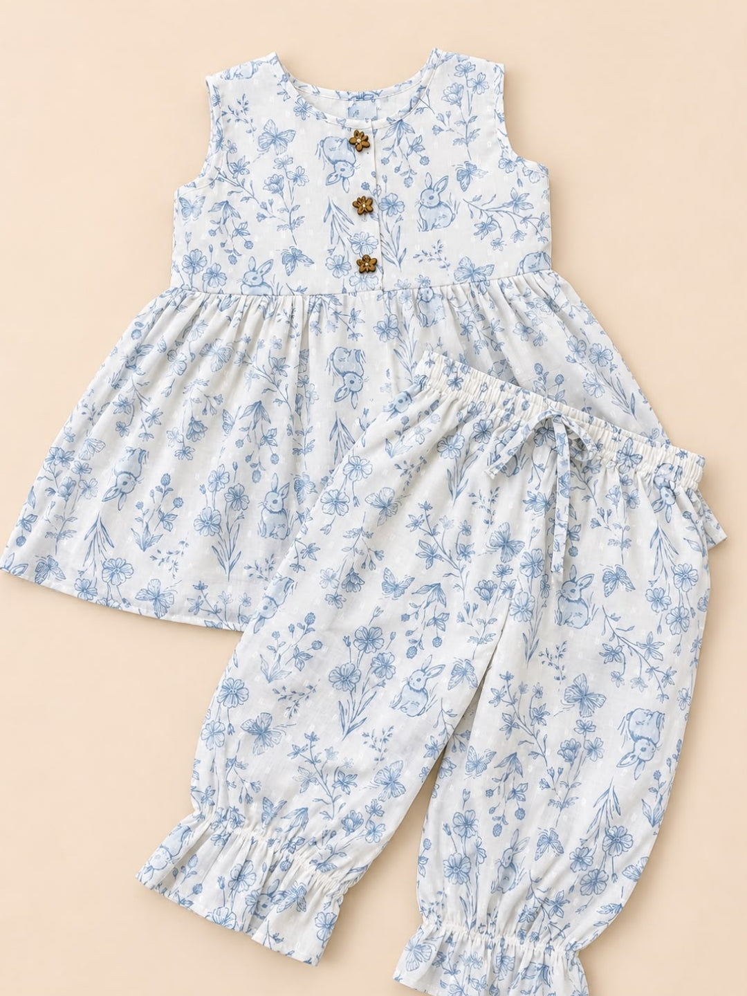 Girls Floral Cotton Co-Ord Set | Sleeveless Peplum Top & Printed Jogger Pants | Soft Casual Summer Outfit for Girls