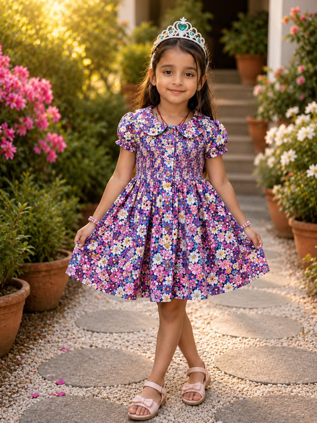 Girls Floral Cotton Frock Dress | Peter Pan Collar Printed Dress | Soft Casual Summer Dress for Girls