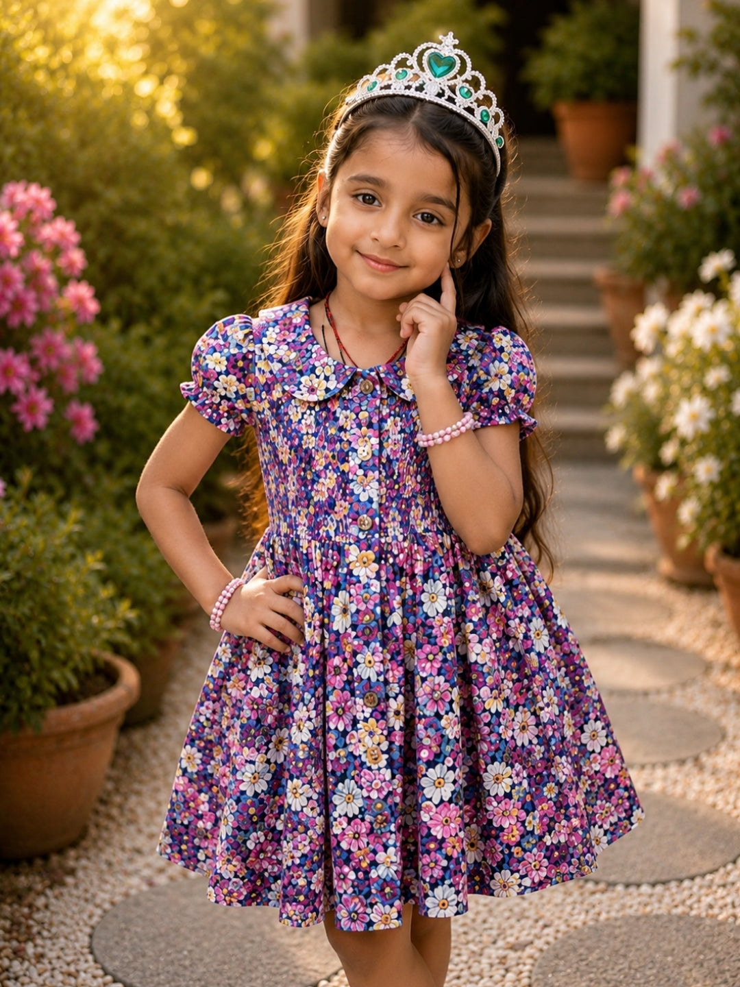Girls Floral Cotton Frock Dress | Peter Pan Collar Printed Dress | Soft Casual Summer Dress for Girls