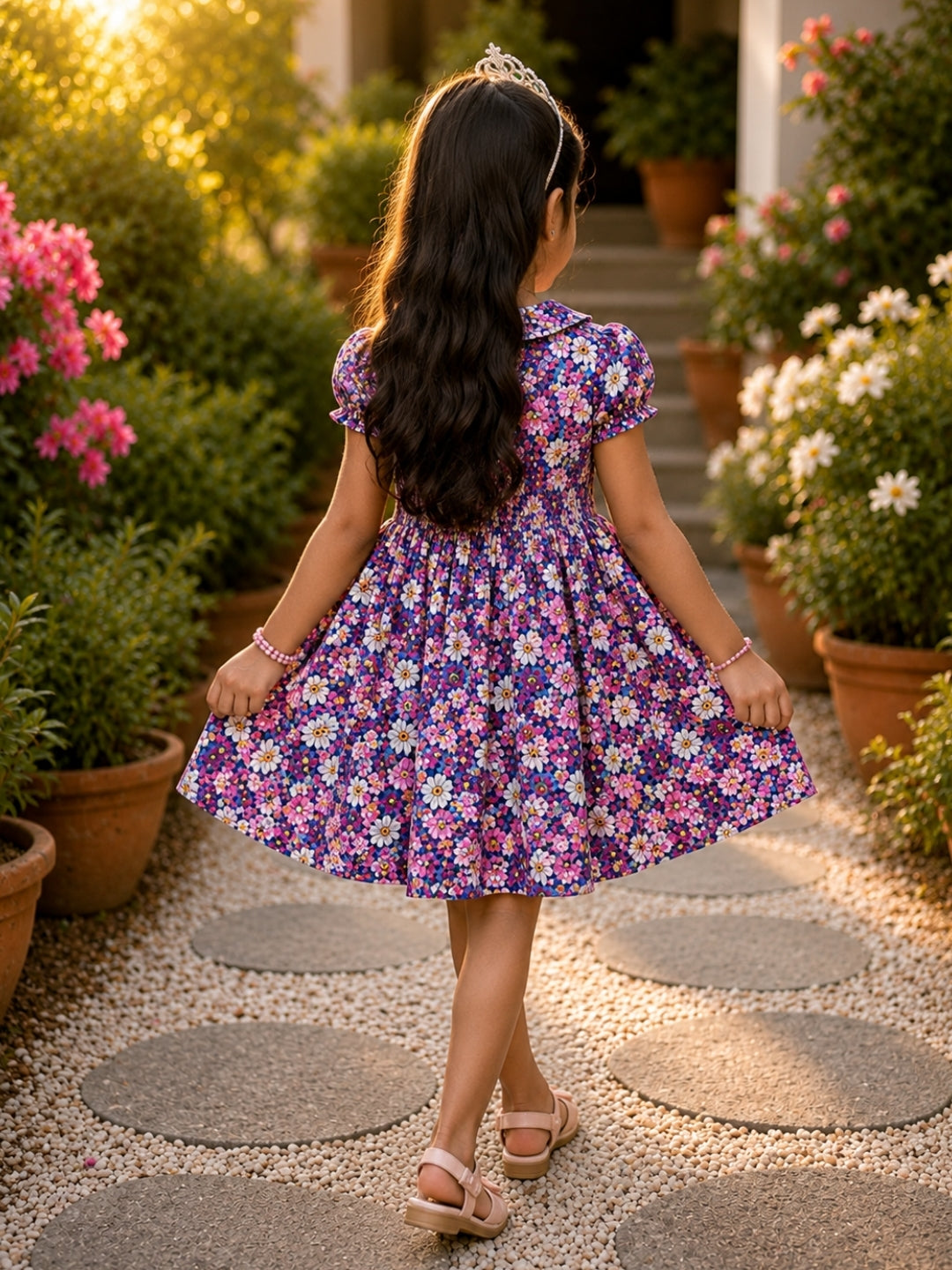 Girls Floral Cotton Frock Dress | Peter Pan Collar Printed Dress | Soft Casual Summer Dress for Girls