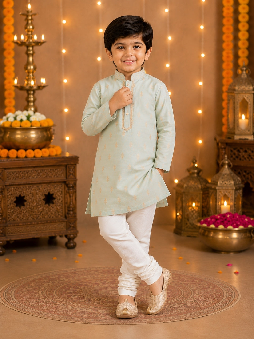 Boys Mint Green Embroidered Kurta Pajama Set | Premium Ethnic Wear for Kids | Festive, Wedding & Party Outfit (1–8 Years)