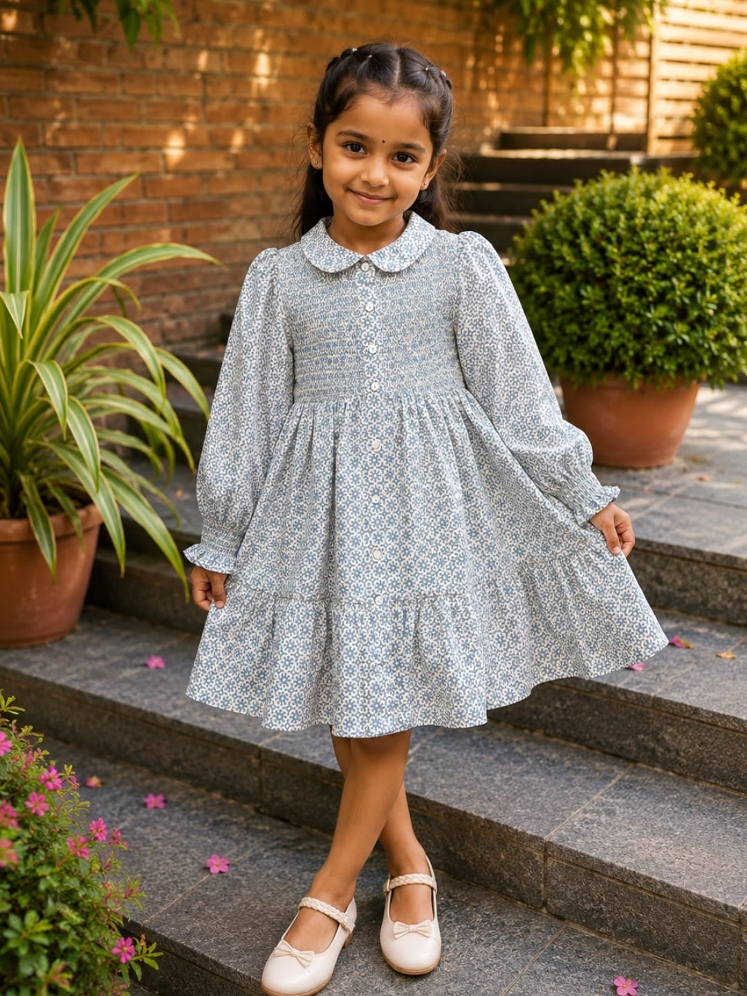 Girls Floral Cotton Dress | Peter Pan Collar Tiered Dress | Full Sleeve Casual Dress for Girls | Soft Everyday Wear