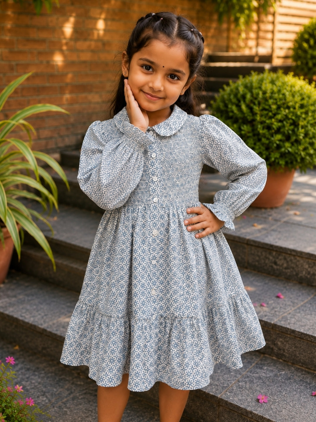 Girls Floral Cotton Dress | Peter Pan Collar Tiered Dress | Full Sleeve Casual Dress for Girls | Soft Everyday Wear