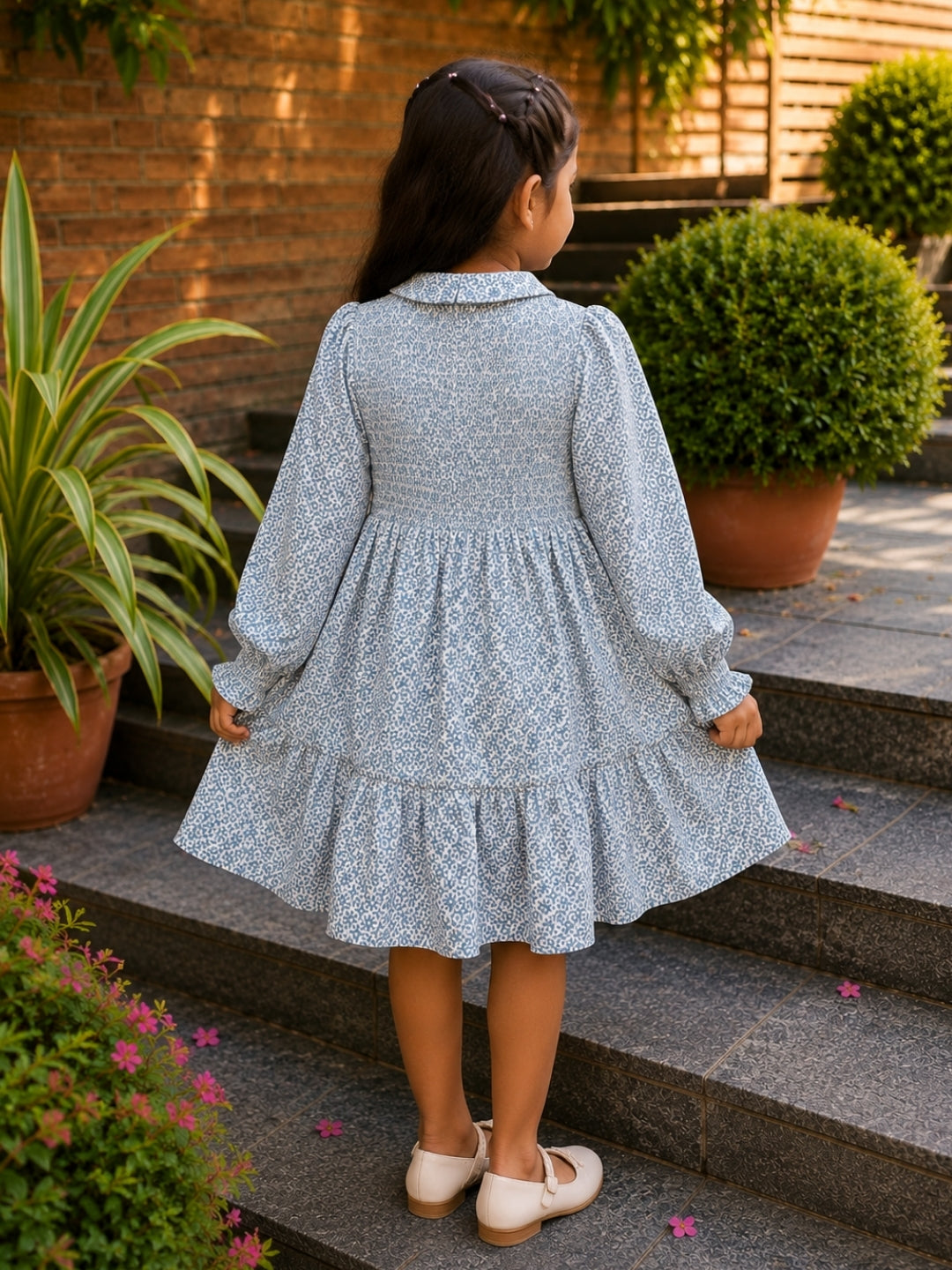 Girls Floral Cotton Dress | Peter Pan Collar Tiered Dress | Full Sleeve Casual Dress for Girls | Soft Everyday Wear