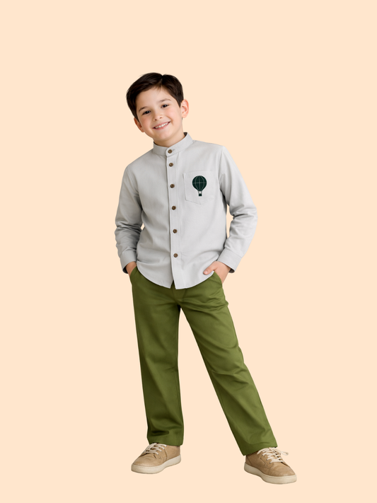 Boys Mandarin Collar Shirt with Olive Pants | Smart Casual Outfit Set (2-10 Years)