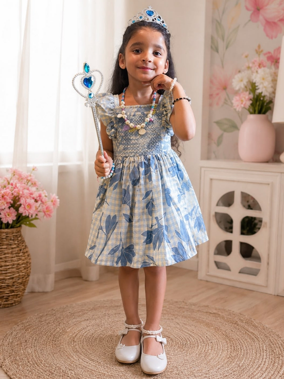 Girls Floral Smocked Cotton Dress | Ruffle Sleeve Casual Dress | Soft Summer Party Dress for Girls