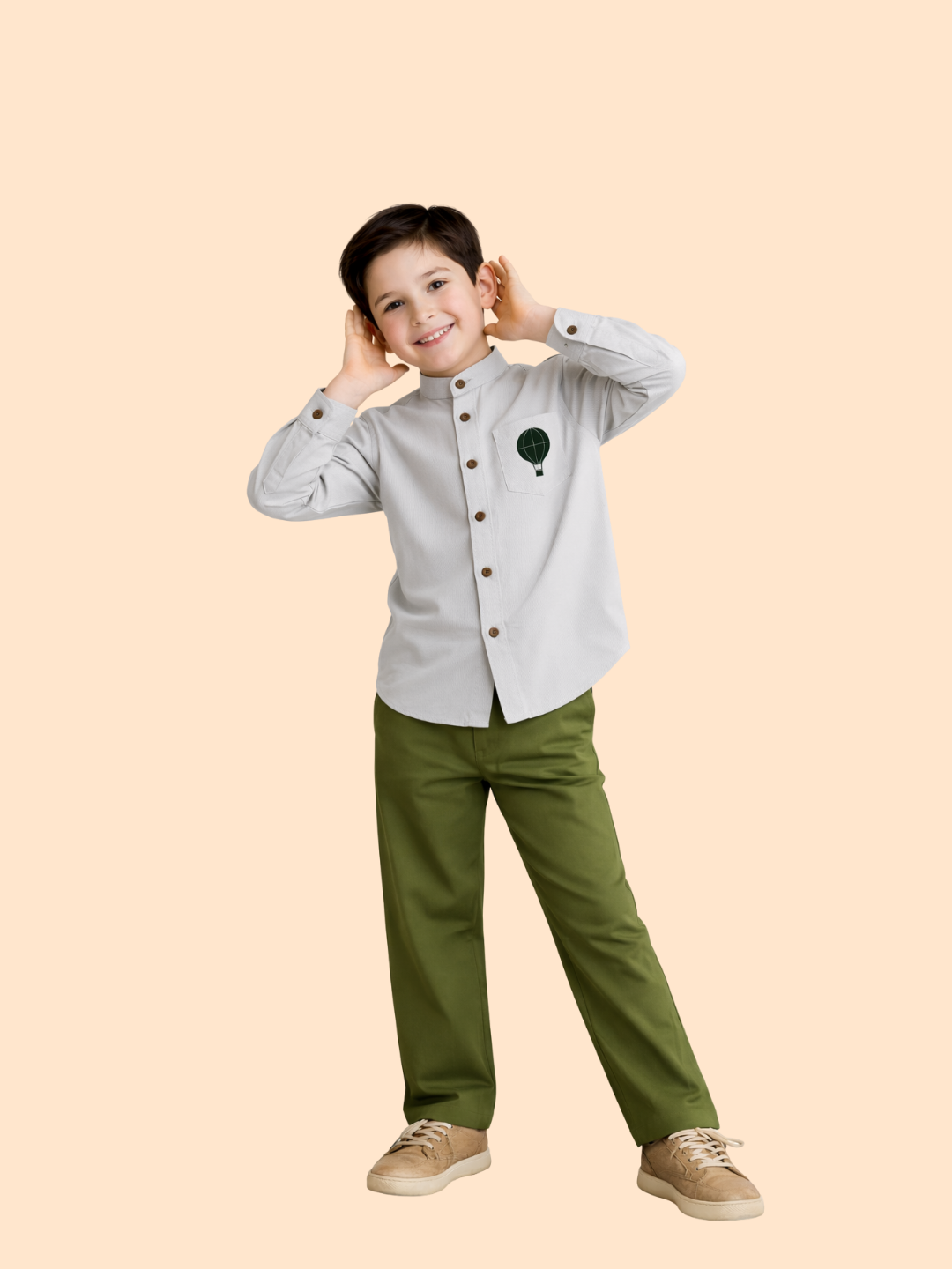 Boys Mandarin Collar Shirt with Olive Pants | Smart Casual Outfit Set (2-10 Years)