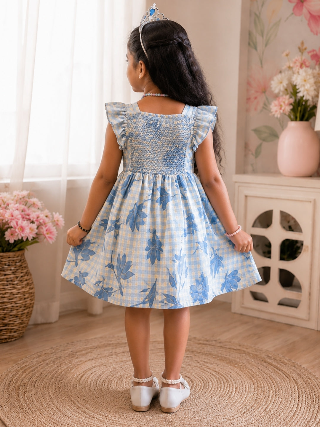 Girls Floral Smocked Cotton Dress | Ruffle Sleeve Casual Dress | Soft Summer Party Dress for Girls