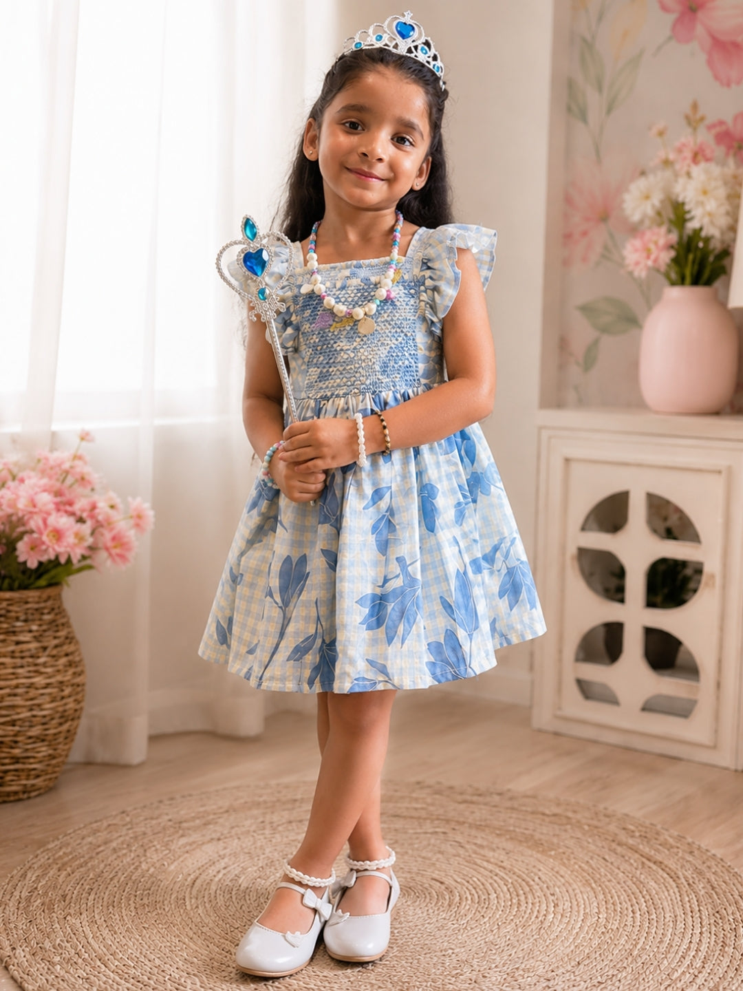 Girls Floral Smocked Cotton Dress | Ruffle Sleeve Casual Dress | Soft Summer Party Dress for Girls