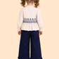 Girls Beige Embroidered Top with Navy Wide-Leg Pants | Elegant Casual Outfit Set (2-7 Years)