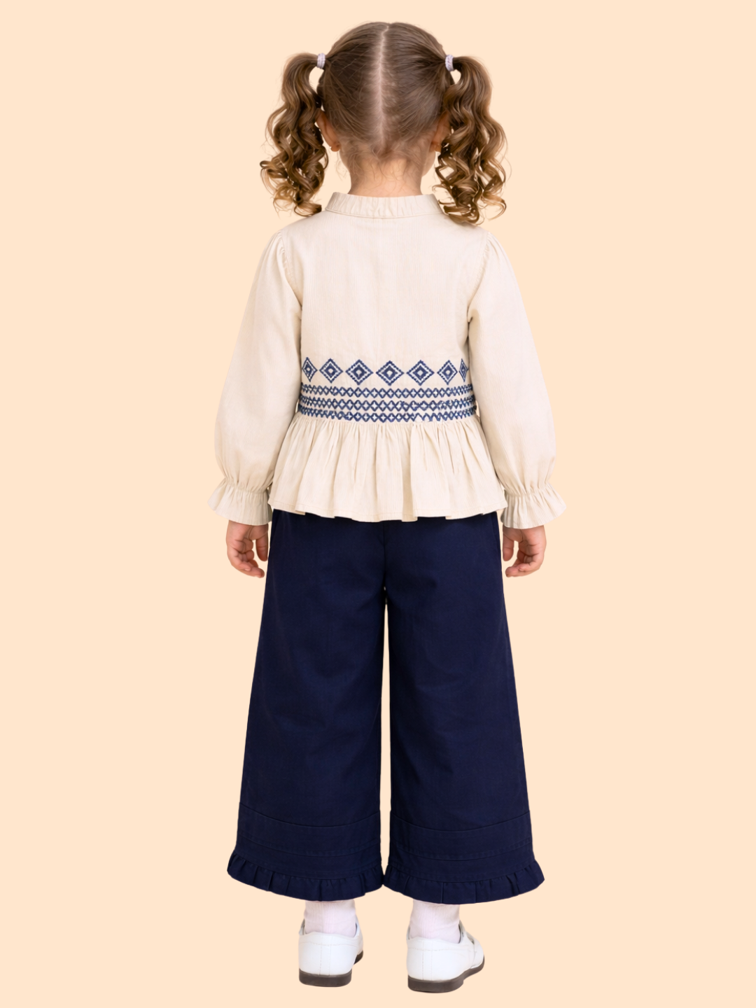 Girls Beige Embroidered Top with Navy Wide-Leg Pants | Elegant Casual Outfit Set (2-7 Years)