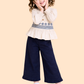 Girls Beige Embroidered Top with Navy Wide-Leg Pants | Elegant Casual Outfit Set (2-7 Years)