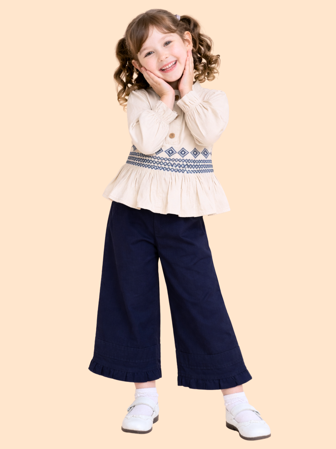 Girls Beige Embroidered Top with Navy Wide-Leg Pants | Elegant Casual Outfit Set (2-7 Years)