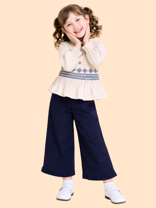Girls Beige Embroidered Top with Navy Wide-Leg Pants | Elegant Casual Outfit Set (2-7 Years)