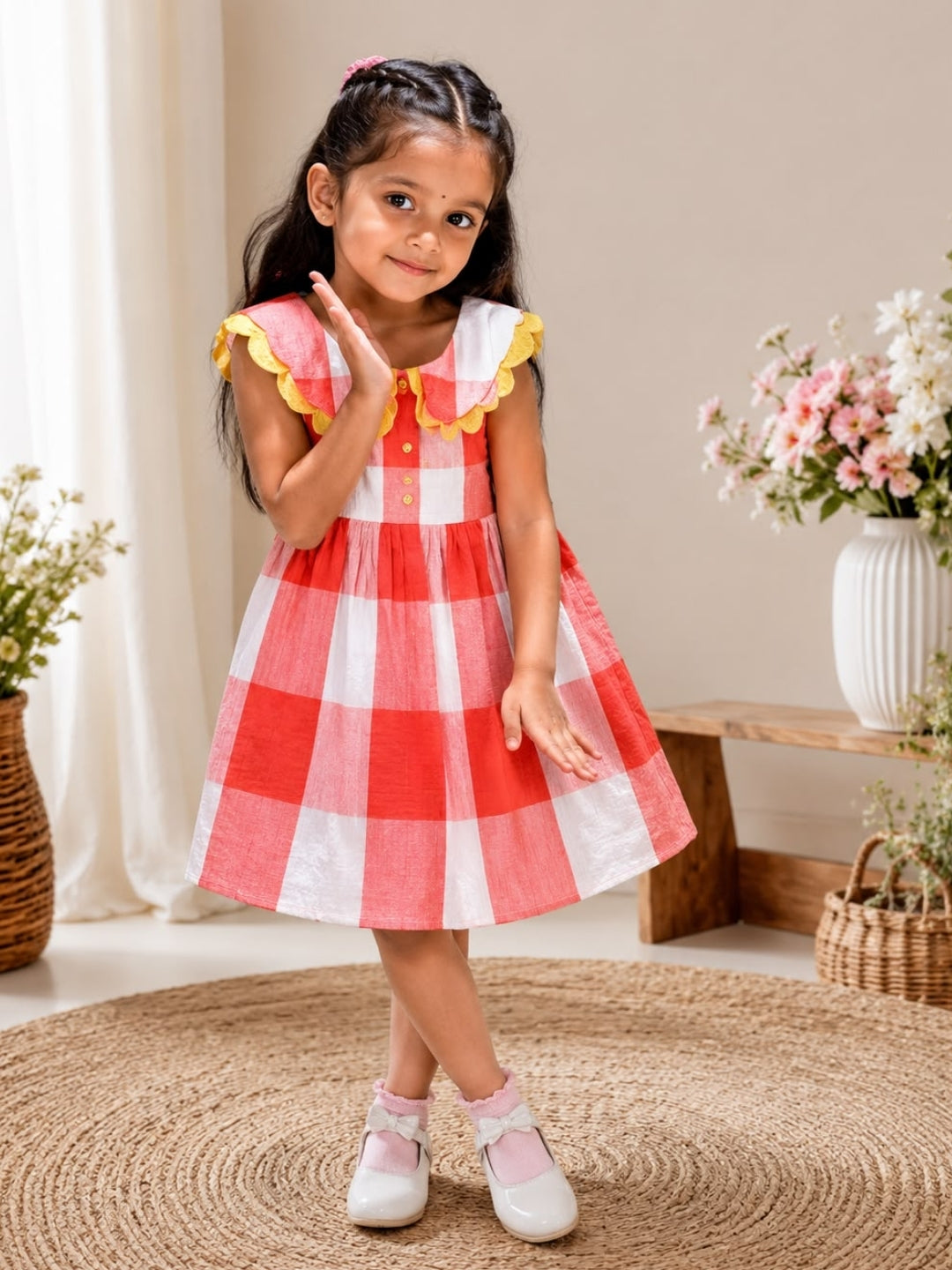 Girls Red & White Checked Cotton Dress | Peter Pan Collar Dress | Casual Party Wear Dress for Girls | Soft Cotton Frock