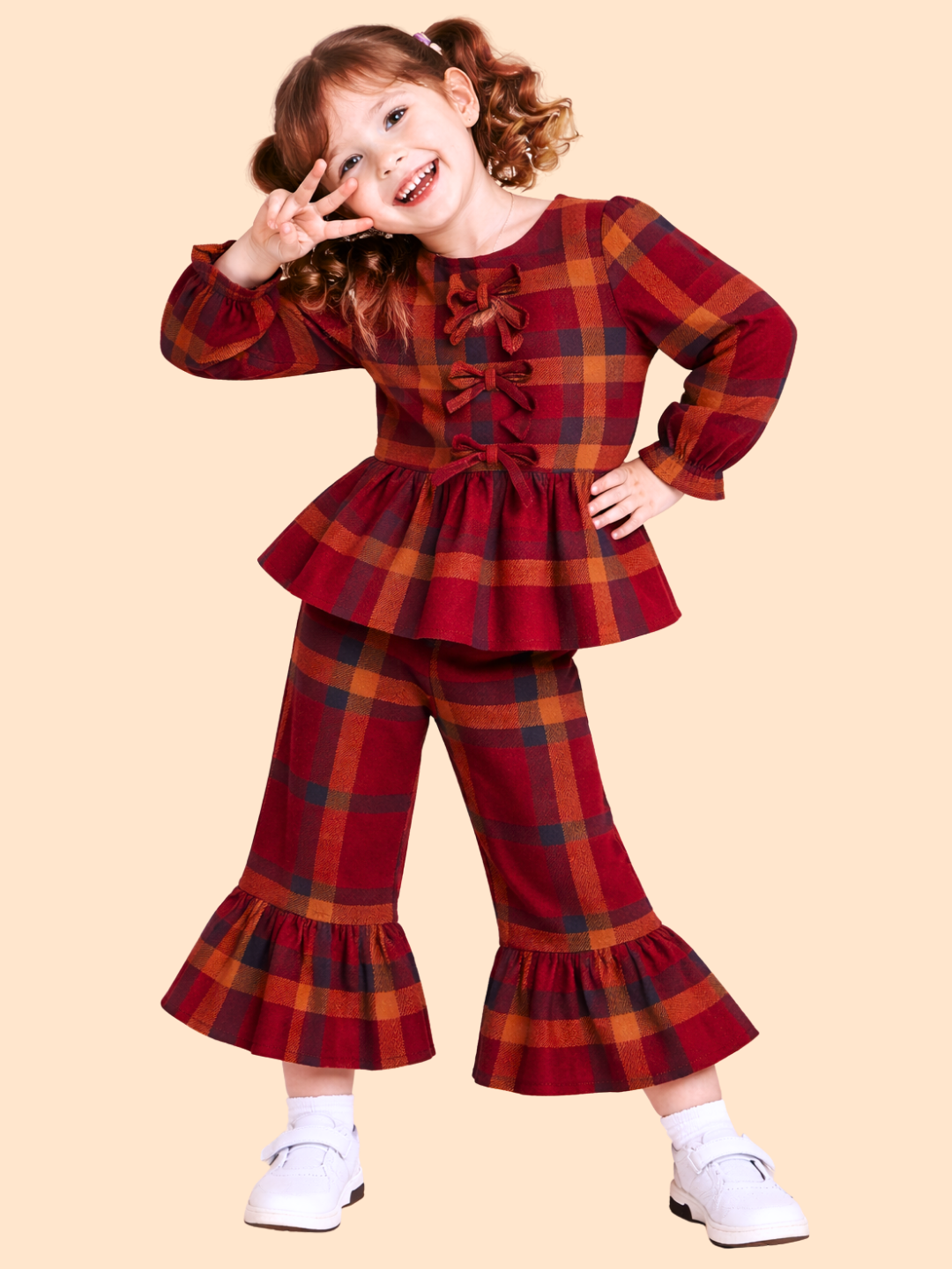 Girls Red Checked Peplum Top with Flared Pants | Stylish Party Outfit Set (2-10 Years)
