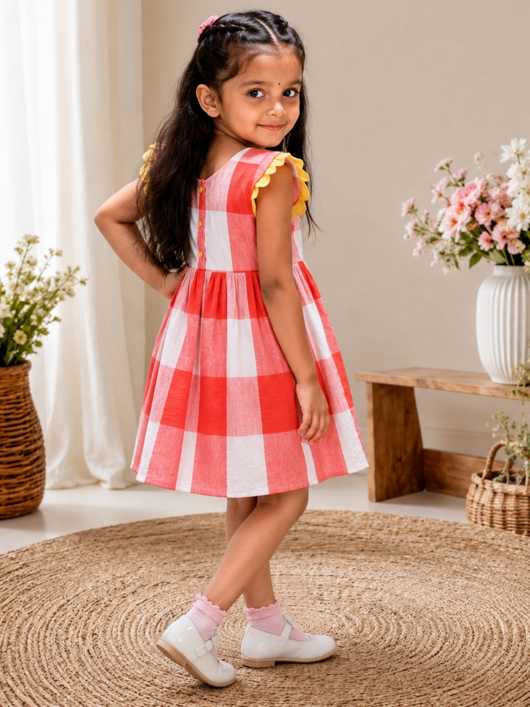 Girls Red & White Checked Cotton Dress | Peter Pan Collar Dress | Casual Party Wear Dress for Girls | Soft Cotton Frock
