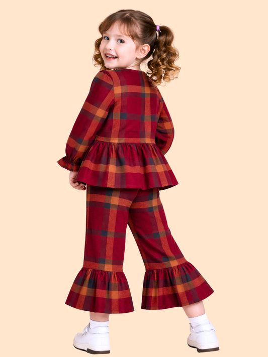 Girls Red Checked Peplum Top with Flared Pants | Stylish Party Outfit Set (2-10 Years)