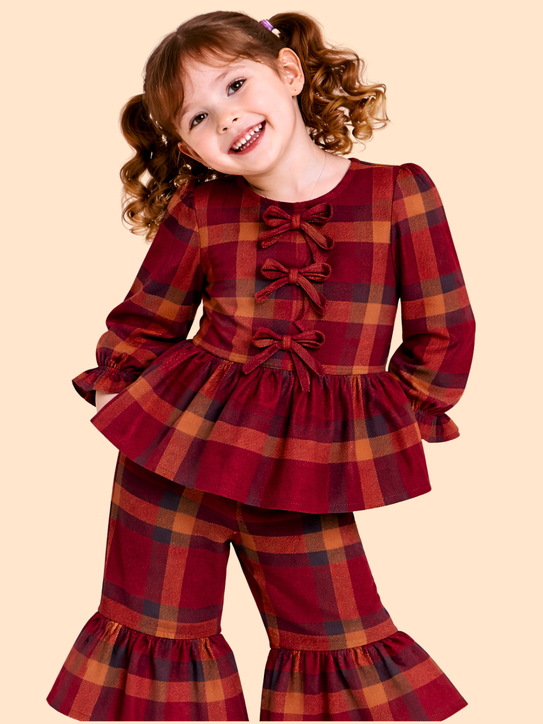 Girls Red Checked Peplum Top with Flared Pants | Stylish Party Outfit Set (2-10 Years)