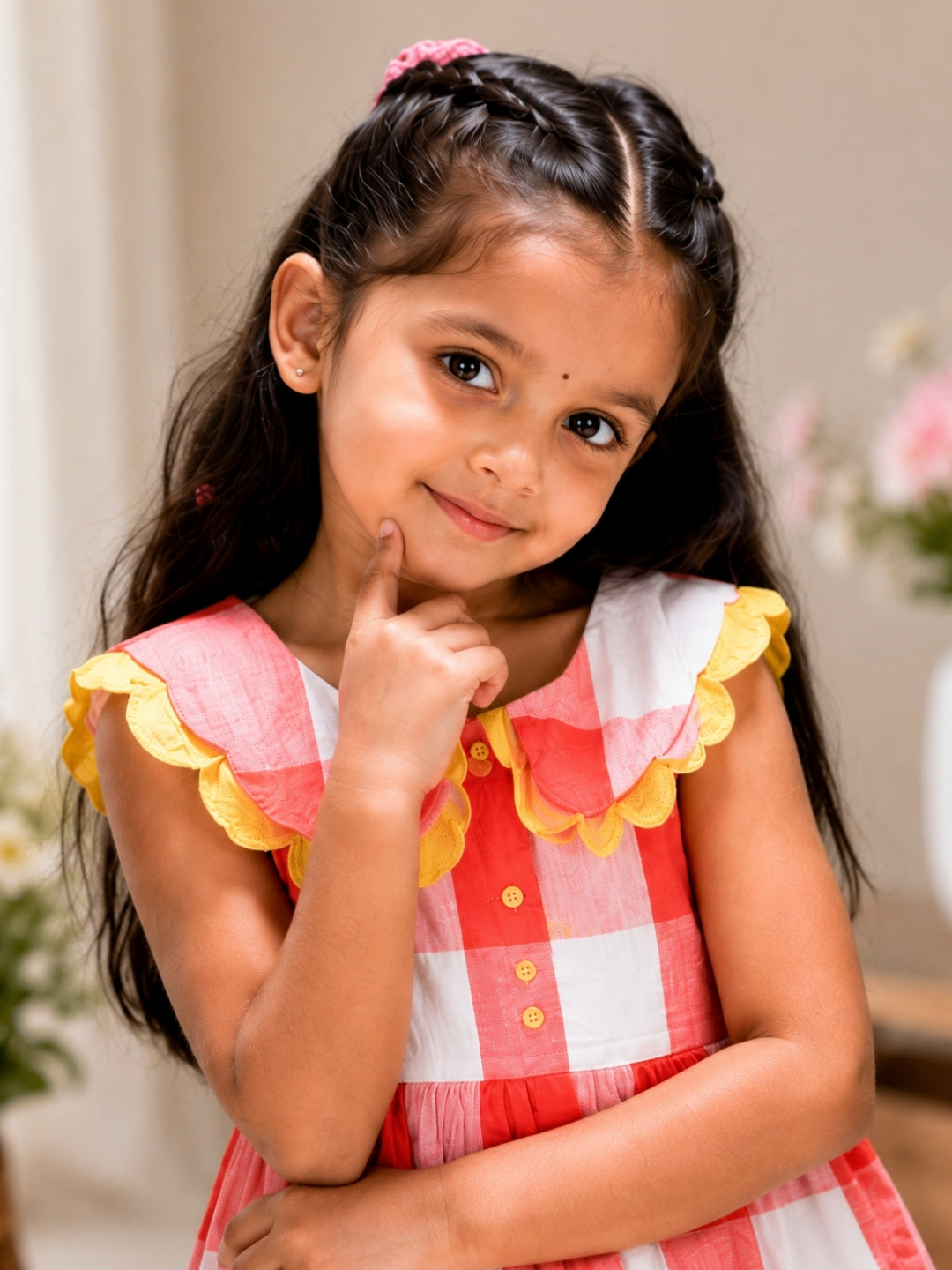 Girls Red & White Checked Cotton Dress | Peter Pan Collar Dress | Casual Party Wear Dress for Girls | Soft Cotton Frock